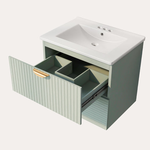 Moderner 24-Zoll-Badezimmerwaschtisch zur Wandmontage mit 2 Schubladen, Grün – Ideal für kleine Badezimmer 