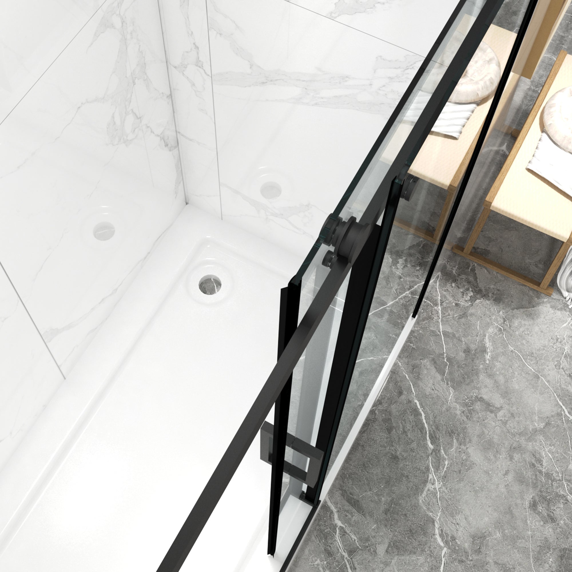 Porte de douche coulissante sans cadre (56 à 60 po l x 70 po H), avec verre trempé de qualité supérieure de 8 mm d'épaisseur, finition noir mat avec tampon 