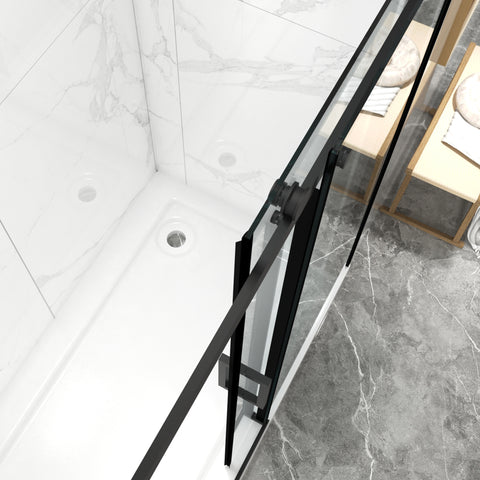 Porte de douche coulissante sans cadre (56 à 60 po l x 70 po H), avec verre trempé de qualité supérieure de 8 mm d'épaisseur, finition noir mat avec tampon 