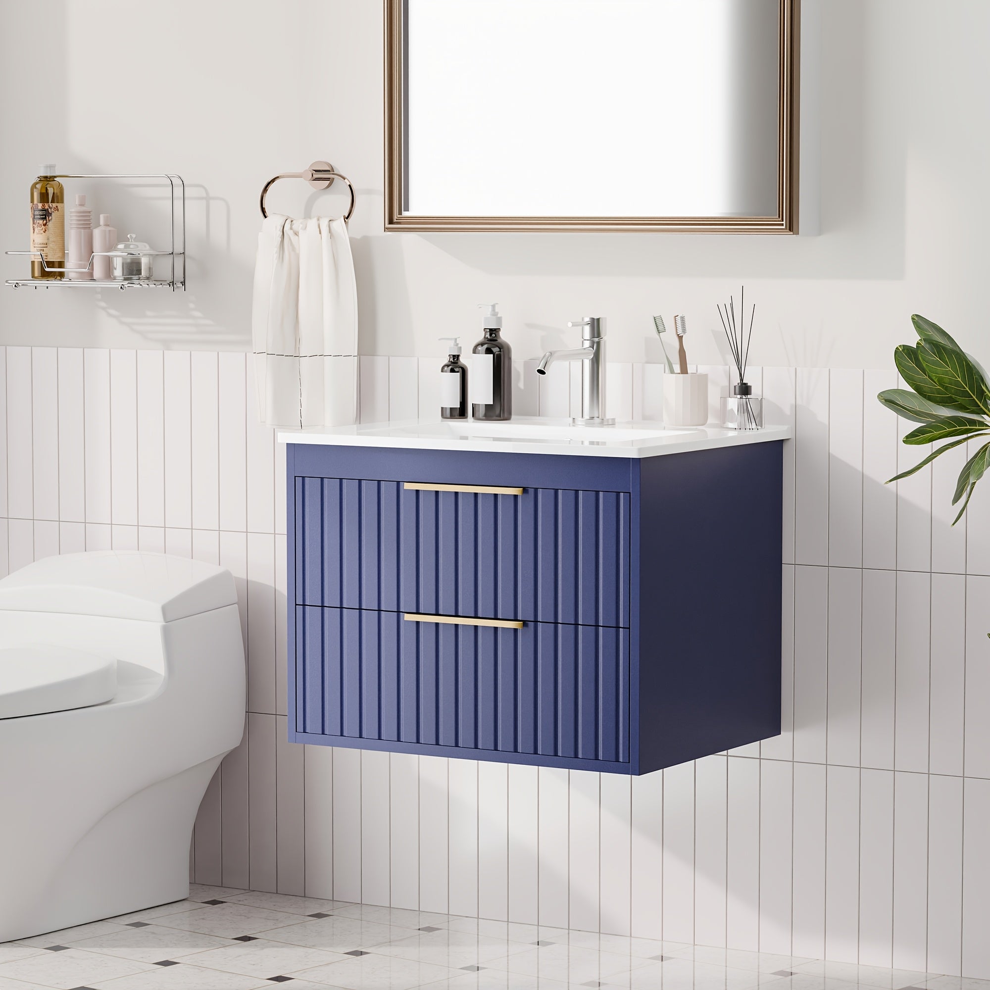 AISU 24" Weißer schwebender Badezimmerwaschtisch mit Waschbecken – Wandmontage