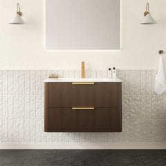 AISU 30" Floating Ultra-Pinstriped Plywood Bathroom Vanity with Sink, Storage Cabinet with Drawers, Carrara White Sintered Stone Hot-bent Integrated Basin, Pre-assembled, Italy Walnut Woodgrain Color