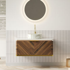 AISU Lumierge 36" Floating Plywood Bathroom Vanity, Stone Pattern White Round Ceramic Vessel Basin&Sintered Stone Top, Pre-assembled, Dark Walnut Woodgrain Color
