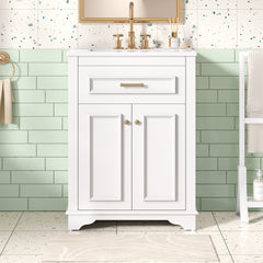 AISU 24" Modern Bathroom Vanity with Integrated Ceramic Sink, White MDF Cabinet with 1 Tip-Out Drawer and Soft-Closing Doors