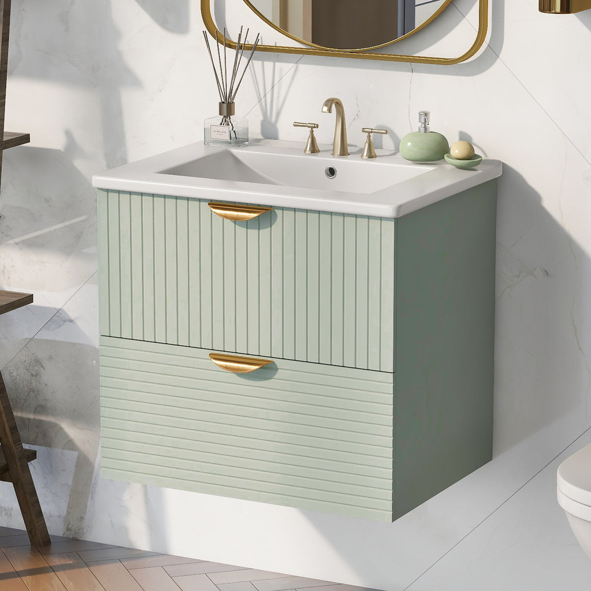 Moderner 24-Zoll-Badezimmerwaschtisch zur Wandmontage mit 2 Schubladen, Grün – Ideal für kleine Badezimmer 