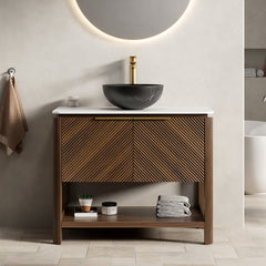 AISU 36" Freestanding Plywood Bathroom Cabinet with 2 Diagonal Doors&Open Shelf, Black Stone Pattern Ceramic Basin&Carrara White Sintered Stone Top, Dark Walnut Woodgrain