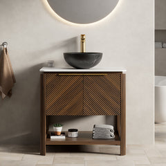 AISU 30" Freestanding Plywood Bathroom Cabinet with 2 Diagonal Doors&Open Shelf, Black Stone Pattern Ceramic Basin&Carrara White Sintered Stone Top, Dark Walnut Woodgrain