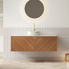 AISU 48" Bathroom Vanity&Sink, Floating Plywood Storage Cabinet, Twill Double Doors with Metal Trim, Matte Stone Pattern White Round Ceramic Basin&Sintered Stone Top, Brown Oak Woodgrain (New SKU)