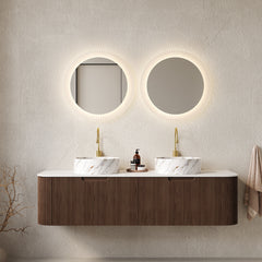 AISU 60" Bathroom Vanity with Sinks, Curved Edges Striped, 2 White Ceramic Basins with Stone Pattern, Dark Walnut Woodgrain Color