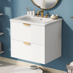 Meuble-lavabo mural moderne AISU de 24 pouces avec 2 tiroirs, blanc 