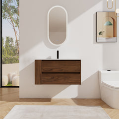 AISU 36" Wall Mounting Bathroom Vanity With Ceramic Sink, Soft Close Drawer