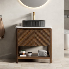 AISU 30" Freestanding Plywood Bathroom Cabinet with 2 Diagonal Striped Doors&Open Shelf, Black Striped Oval Ceramic Basin&Carrara White Sintered Stone Top, Dark Walnut Woodgrain