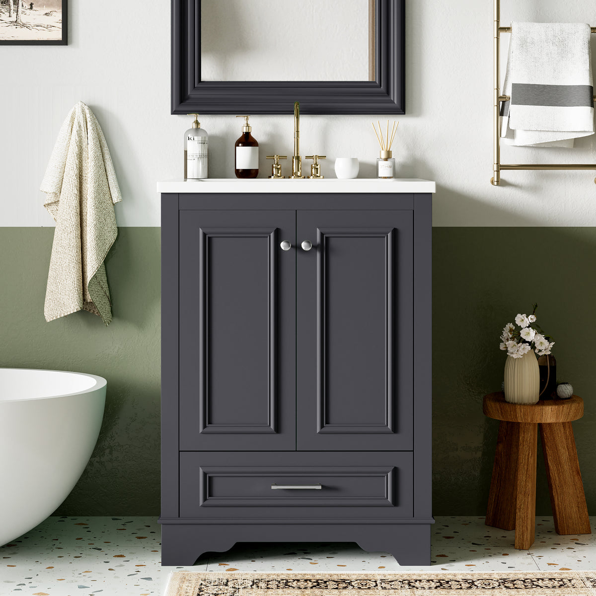 AISU 24" Modern Freestanding Bathroom Vanity with Ceramic Sink, Dark Grey