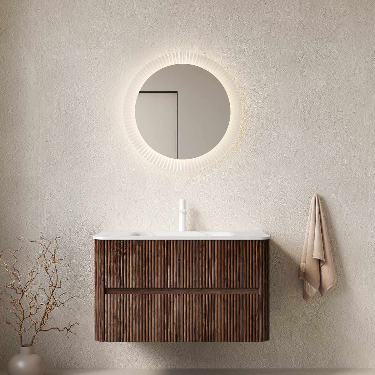 AISU 36" Bathroom Vanity&Sink, Floating Stripe Plywood Storage Cabinet with 2 Drawers, Carrara White Sintered Stone Hot-bent Integrated Rectangle Basin, Pre-assembled, Retro Walnut Woodgrain Color