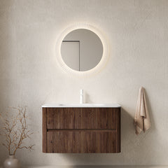 AISU 36" Bathroom Vanity&Sink, Floating Stripe Plywood Storage Cabinet with 2 Drawers, Carrara White Sintered Stone Hot-bent Integrated Rectangle Basin, Pre-assembled, Retro Walnut Woodgrain Color