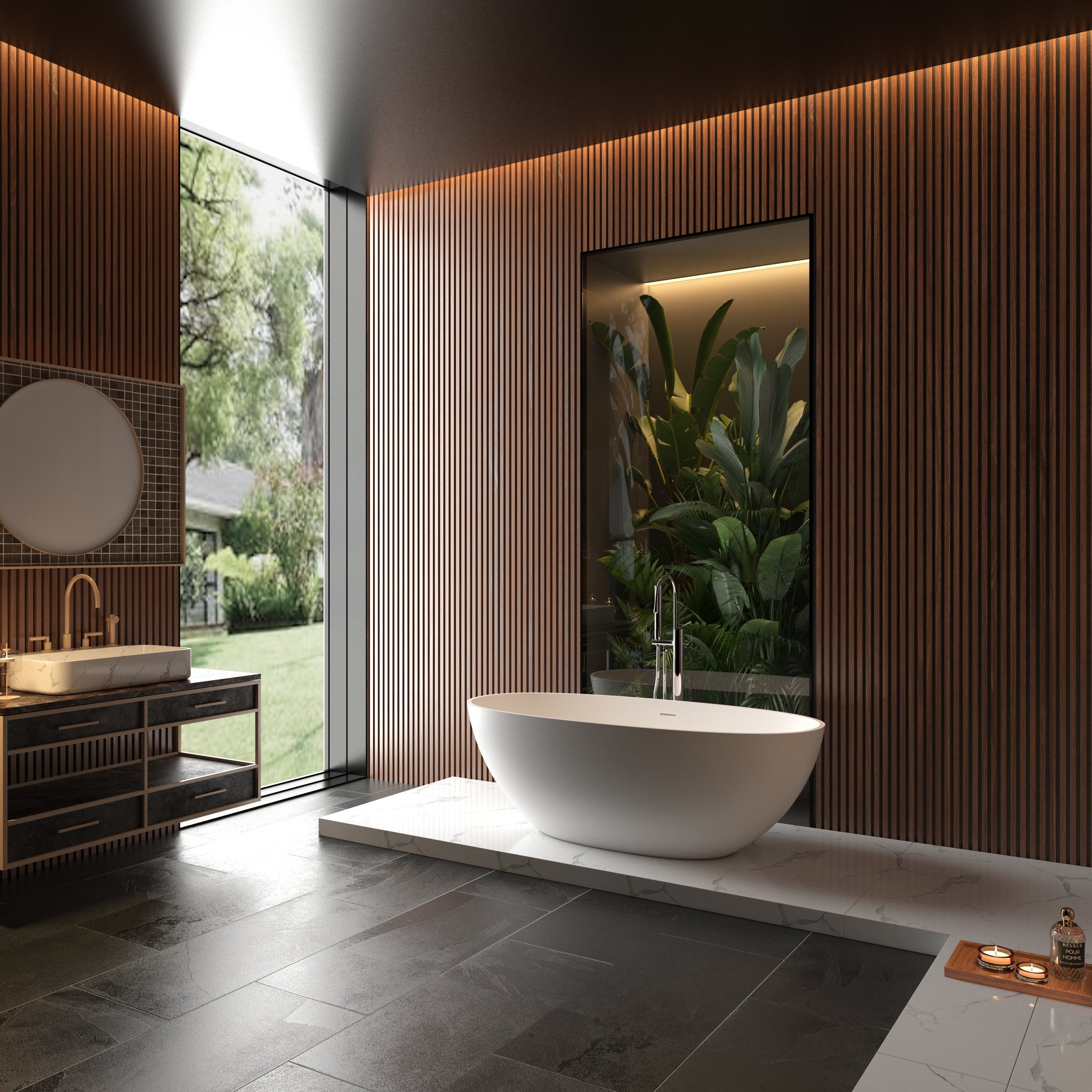 Baignoire autoportante en surface solide de 65 po avec trop-plein et bonde escamotable, blanc mat 