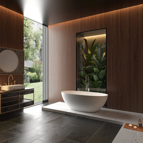 Baignoire autoportante en surface solide de 65 po avec trop-plein et bonde escamotable, blanc mat 