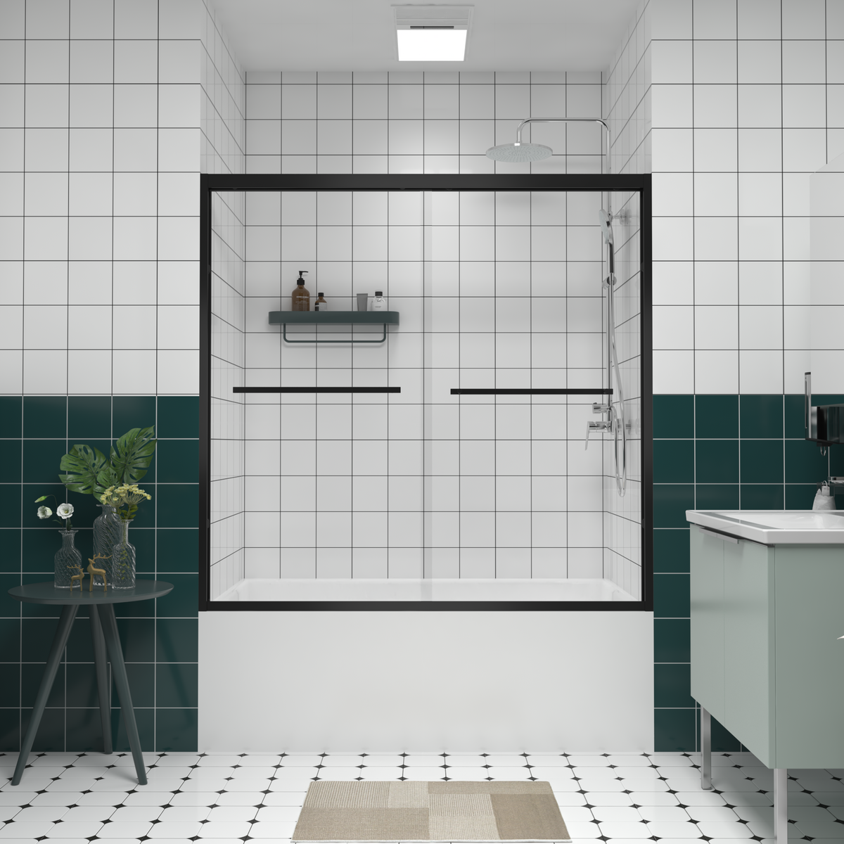 AISU 56-60"x58" Aluminum Frame Double Sliding Bathtub Screen, Premium 1/4' (6mm) Clear Tempered Glass, Matte Black Finished