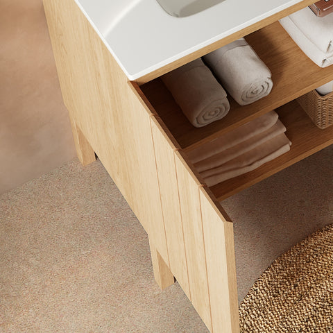 Meuble-lavabo autoportant moderne de 30 po avec lavabo, vasque en céramique blanche sans robinet, bois naturel 