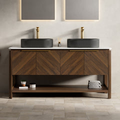 AISU 60" Freestanding Plywood Bathroom Cabinet with 4 Diagonal Striped Doors&Open Shelf, 2 Black Oval Ceramic Basins&Carrara White Sintered Stone Top, Dark Walnut Woodgrain