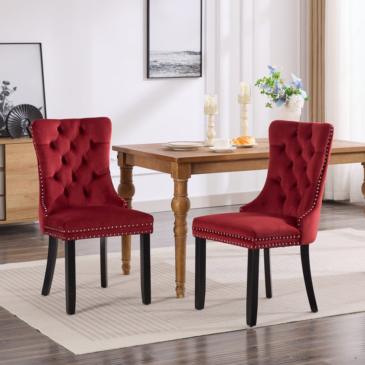 AISU Classic Velvet Dining Chairs, High-end Tufted Solid Wood Contemporary Velvet Upholstered Dining Chair with Wood Legs Nailhead, SET OF 2,Burgundy, Wine Red