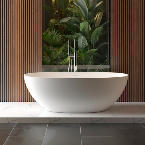 Baignoire autoportante en surface solide de 65 po avec trop-plein et bonde escamotable, blanc mat 