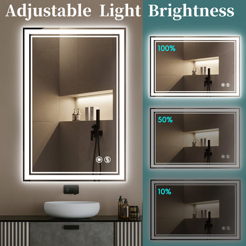 24 x 36 Zoll LED-Badezimmerspiegel mit Antibeschlag, 3 Farben, dimmbar, horizontal/vertikal