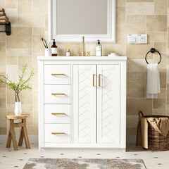 AISU 30" Solid Wood Floor Mounted Bathroom Vanity with Ceramic Sink Combo, White