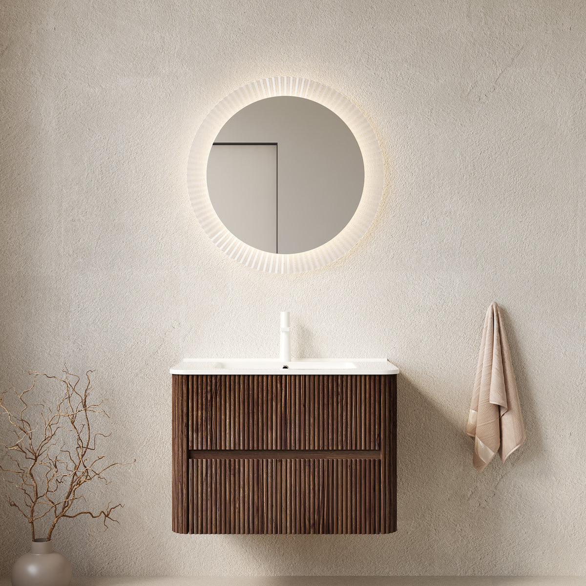 AISU 30" Bathroom Vanity with Sink, Wall-Mounted Floating Plywood  Bathroom Storage Cabinet with 2 Drawers, White Ceramic Basin, NO Faucet, Pre-assembled, Retro Walnut Woodgrain Color