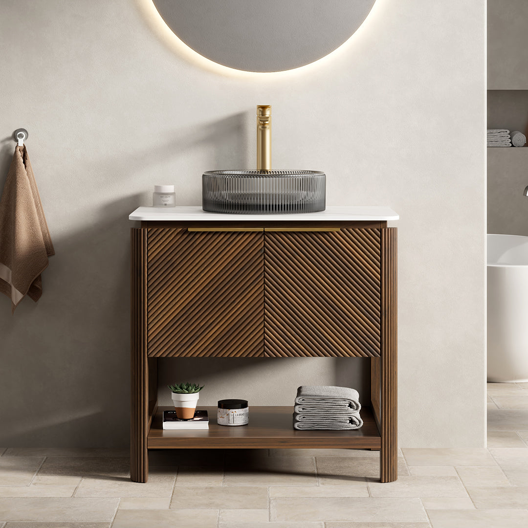 AISU 30" Freestanding Plywood Bathroom Cabinet with 2 Diagonal Striped Doors&Open Shelf, Black Transport Glass Basin&Carrara White Sintered Stone Top, Dark Walnut Woodgrain