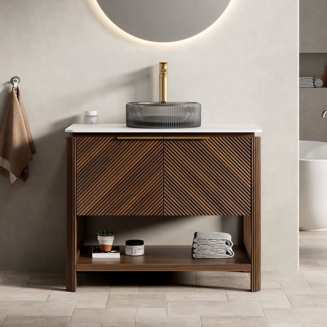 AISU 36" Freestanding Plywood Bathroom Cabinet with 2 Diagonal Striped Doors&Open Shelf, Black Transport Glass Basin&Carrara White Sintered Stone Top, Dark Walnut Woodgrain