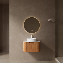 AISU 24" Bathroom Vanity with Sink, Curved Edges Striped, White Round Ceramic Basin without Faucet, Natural Woodgrain Color