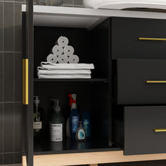 Meuble-lavabo simple autoportant AISU noir/doré avec rangement intégré