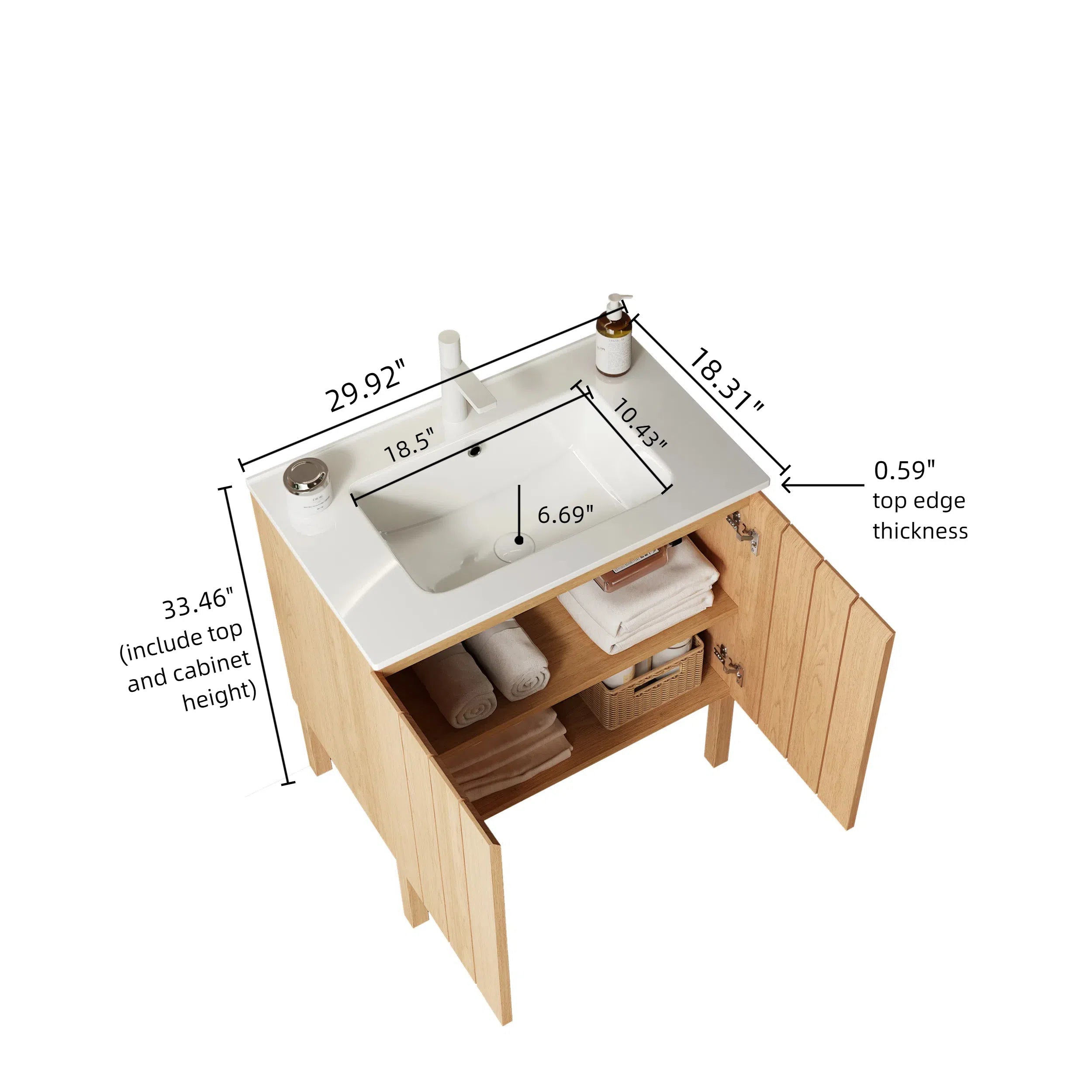 Meuble-lavabo autoportant moderne de 30 po avec lavabo, vasque en céramique blanche sans robinet, bois naturel 