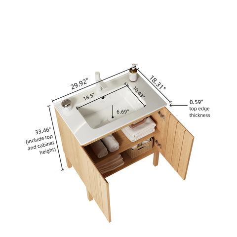 Meuble-lavabo autoportant moderne de 30 po avec lavabo, vasque en céramique blanche sans robinet, bois naturel 