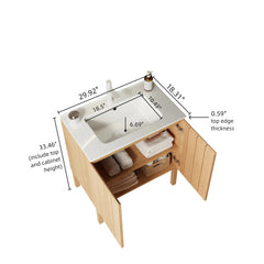 Meuble-lavabo autoportant moderne de 30 po avec lavabo, vasque en céramique blanche sans robinet, bois naturel 
