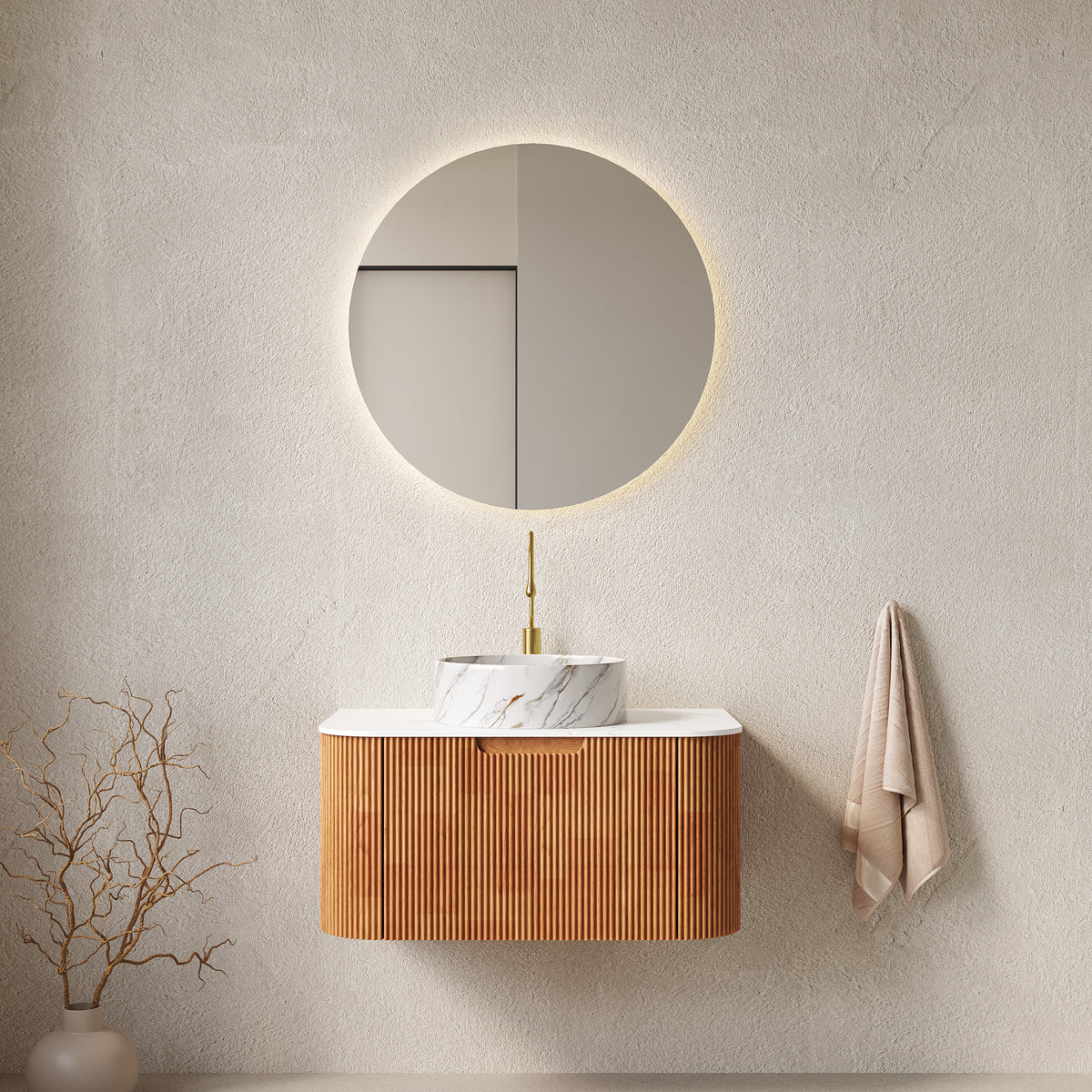AISU 30" Bathroom Vanity with Sink, Curved Edges Striped, White Round Ceramic Basin with Stone Pattern, Natura Woodgrain Color