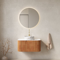 AISU 30" Bathroom Vanity with Sink, Curved Edges Striped, White Round Ceramic Basin with Stone Pattern, Natura Woodgrain Color
