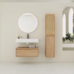 AISU 30" Contemporary Wall-Mounted Bathroom Vanity with Resin Sink and Two Side Cabinet, Imitative Oak