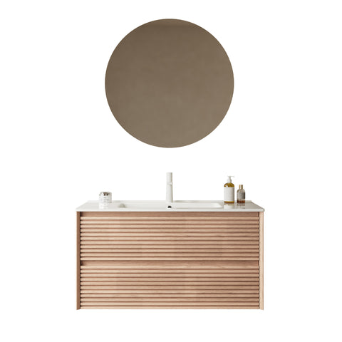 36" Modern Bathroom Vanity, Wall-Mounted, Natural Walnut Woodgrain Color