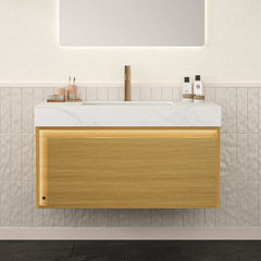 AISU 36" Floating Ultra-Slim Grille Plywood Bathroom Vanity, Drawer with Sensor Light, Carrara White Sintered Stone Top&Ceramic Undermount Basin, Pre-assembled, Light Woodgrain