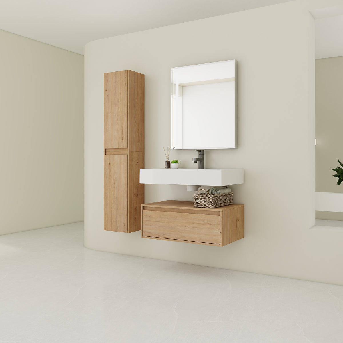 AISU Modern Wall-Mounted 30-Inch Bathroom Vanity with Resin Sink and Two Side Cabinet in Imitative Oak