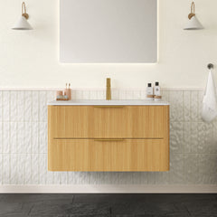 AISU 36" Floating Ultra-Pinstriped Plywood Bathroom Vanity with Sink, Storage Cabinet with Drawers, Carrara White Sintered Stone Hot-bent Integrated Basin, Pre-assembled, Light Natural Woodgrain Color