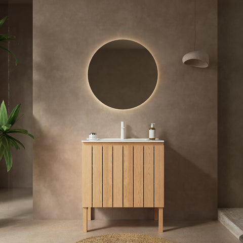Meuble-lavabo autoportant moderne de 30 po avec lavabo, vasque en céramique blanche sans robinet, bois naturel 