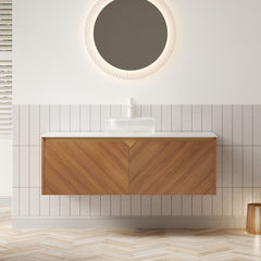 AISU 48" Bathroom Vanity&Sink, Floating Plywood Storage Cabinet, Twill Double Doors with Metal Trim, Transparent Round Glass Vessl Basin&Carrara White Sintered Stone Top, Brown Oak Woodgrain Color
