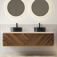 AISU Lumierge 60" Floating Plywood Bathroom Vanity, Black Stone Pattern Ceramic Round Basins & Sintered Stone Top, Pre-assembled, Dark Walnut Woodgrain