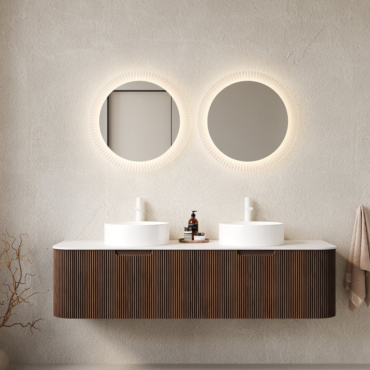 AISU 60" Bathroom Vanity with Sinks, Curved Edges Striped, 2 White Round Ceramic Basins, NO Faucet, Dark Walnut Woodgrain Color