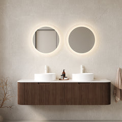 AISU 60" Bathroom Vanity with Sinks, Curved Edges Striped, 2 White Round Ceramic Basins, NO Faucet, Dark Walnut Woodgrain Color