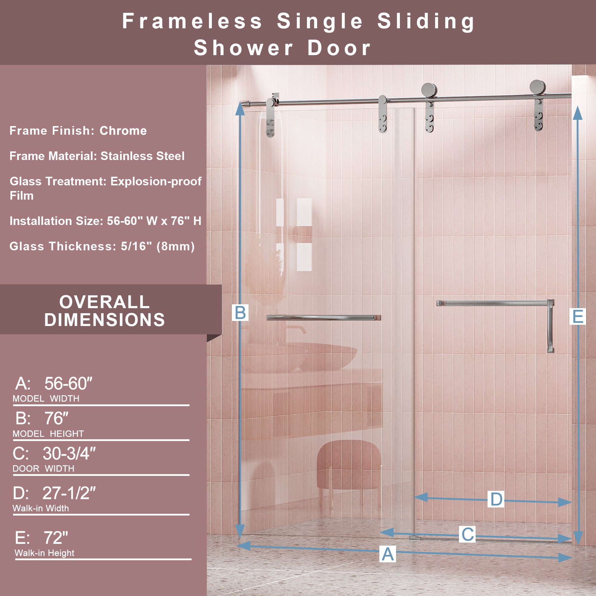 56"-60" B x 76" H Einzelne rahmenlose Schiebe-Duschtür, 5/16" (8mm) klares gehärtetes Glas, Chrom 