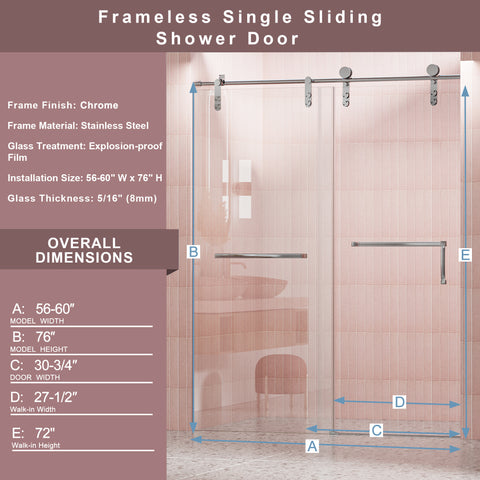 56"-60" B x 76" H Einzelne rahmenlose Schiebe-Duschtür, 5/16" (8mm) klares gehärtetes Glas, Chrom 