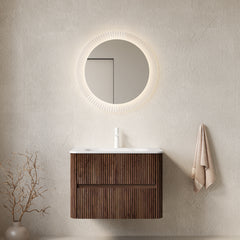 AISU 30" Bathroom Vanity with Sink, Wall-Mounted Floating Plywood  Bathroom Storage Cabinet with 2 Drawers, Carrara White Basin, NO Faucet, Pre-assembled, Retro Walnut Woodgrain Color